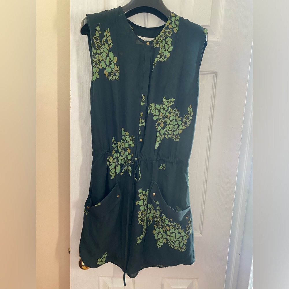 A.L.C. Green Floral Print Silk Sleeveless Drawstring Dress